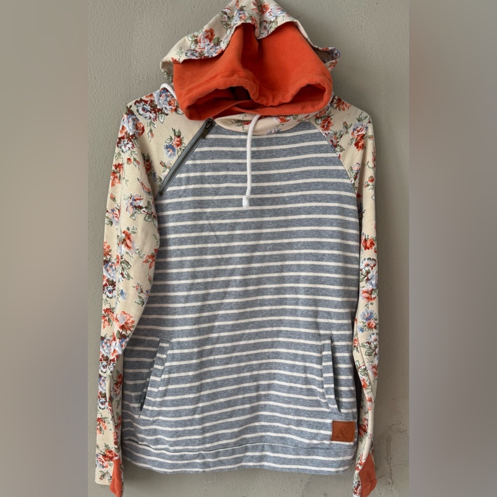 Ampersand Double-Hooded Floral, Orange and Striped Sweatshirt